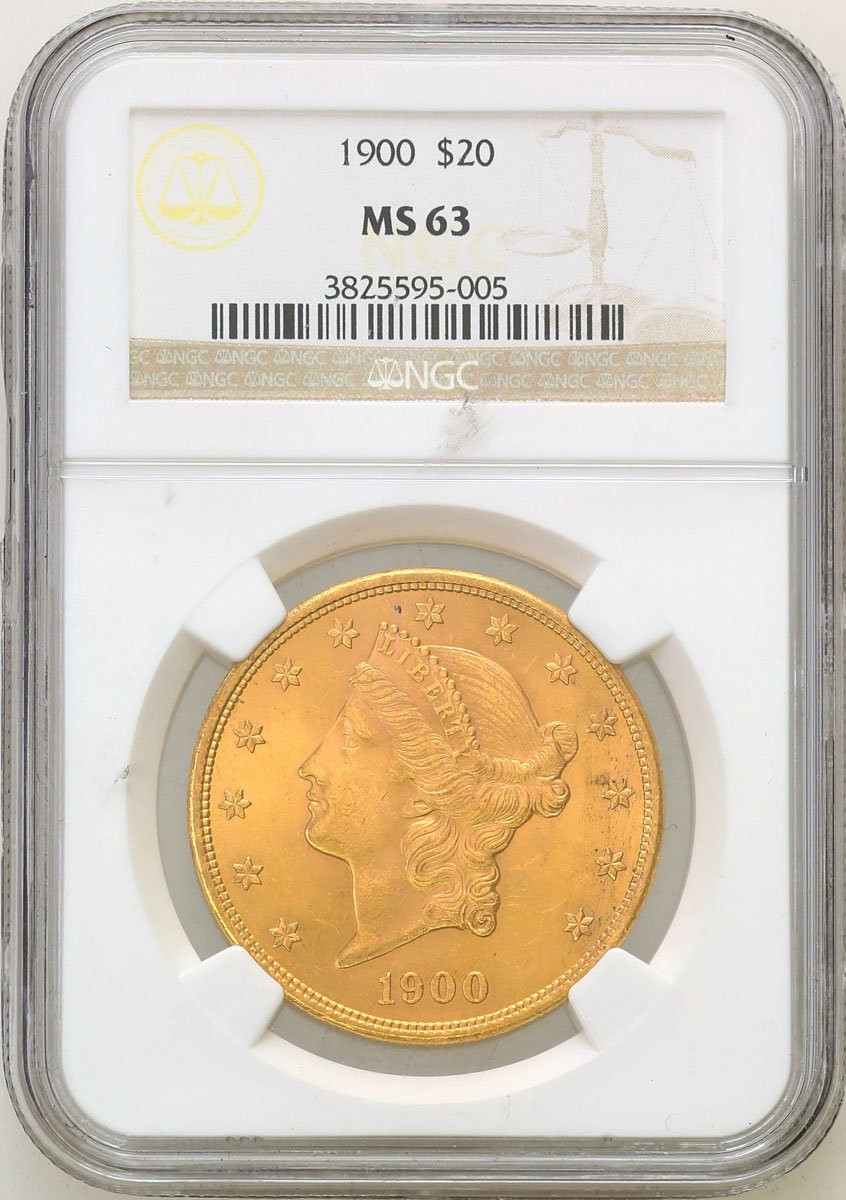 Amerykańskie złote 20 dolarów Liberty 1900 Filadelfia NGC MS63